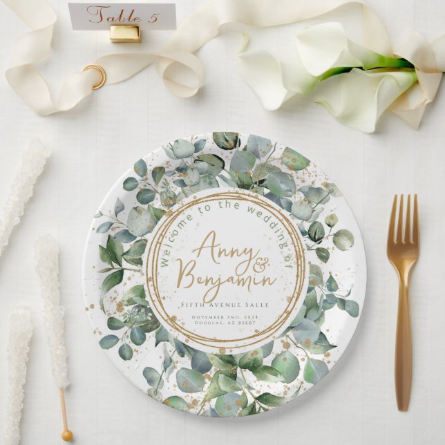 Eucalyptus gold glitter wedding  paper plate (Wedding)