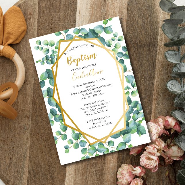Eucalyptus Gold Green Floral Boy Girl Baptism  Invitation (Eucalyptus Gold Frame Formal Baptism Invitation Baby Boy or Girl. Printed or Instant Download )