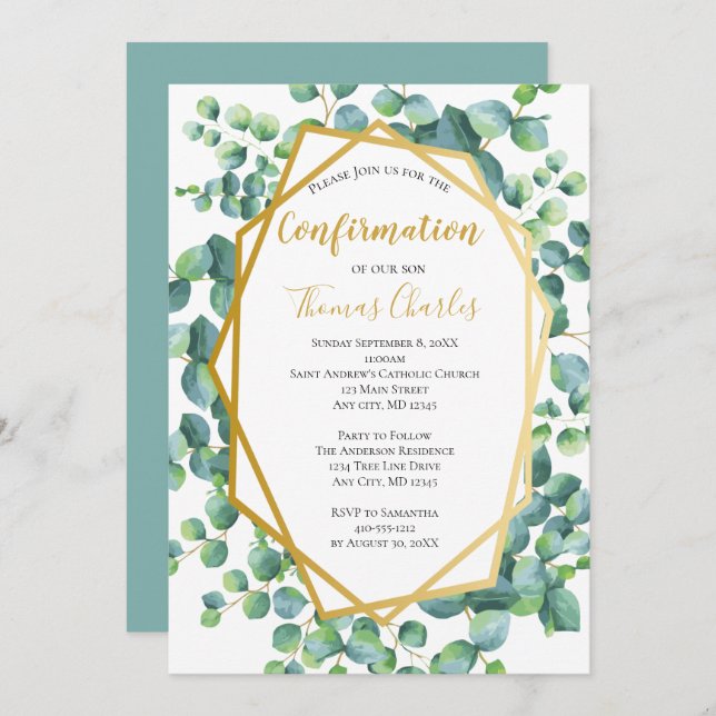 Eucalyptus Gold Green Floral Boy Girl Confirmation Invitation (Front/Back)