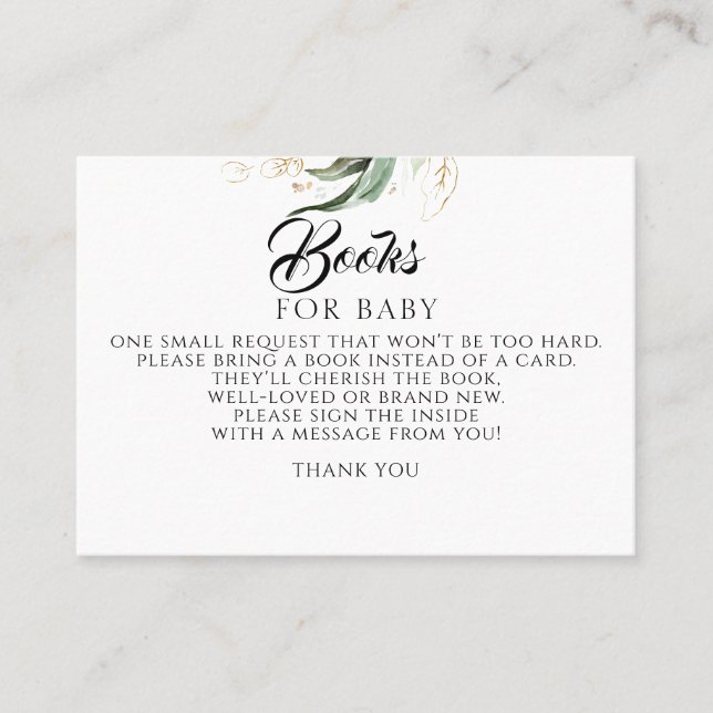 Eucalyptus Gold Greenery Baby Books Request Business Card (Front)