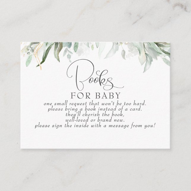 Eucalyptus Gold Greenery Baby Books Request Business Card (Front)