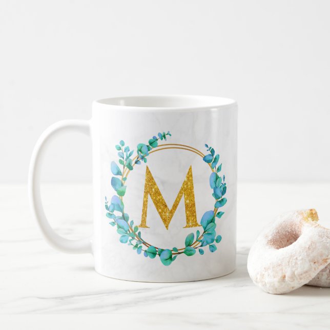 Eucalyptus Gold Greenery Personalise Monogram A-Z Coffee Mug (With Donut)