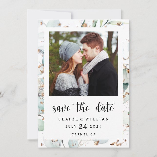 Eucalyptus Gold Greenery Photo Save the Date Card (Front)