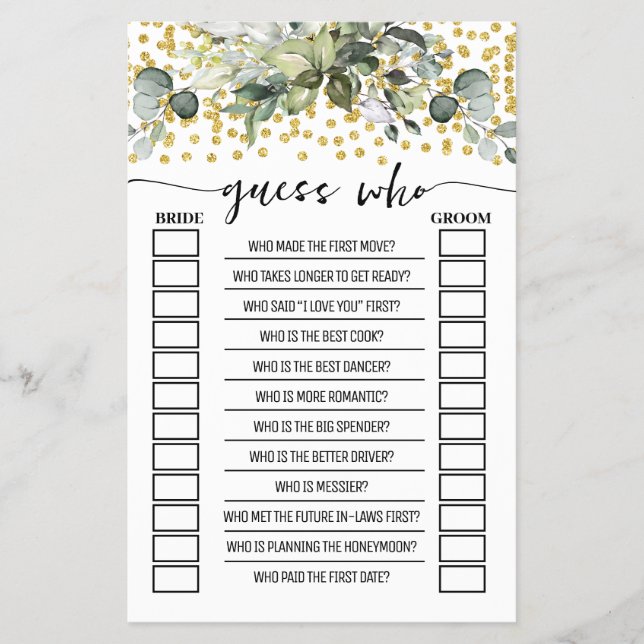 Eucalyptus Gold Guess Who Bridal Shower Game Card (Front)