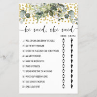 Eucalyptus Gold He Said She Said Shower Game Card 