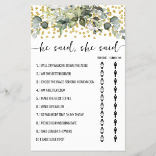 Eucalyptus Gold He Said She Said Shower Game Card