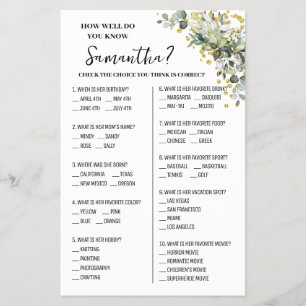 Eucalyptus Gold How Well Do You Know Bride Game Flyer