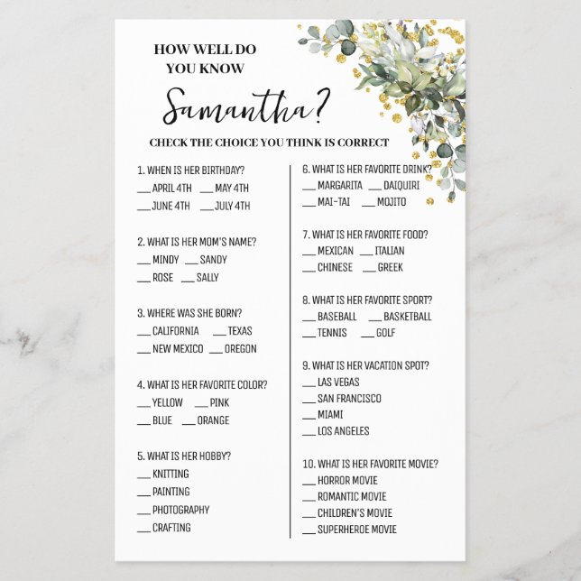 Eucalyptus Gold How Well Do You Know Bride Game Flyer (Front)