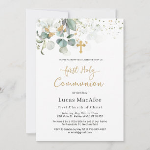Eucalyptus Gold Leaves Cross First Communion Invitation