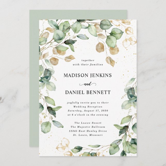 Eucalyptus Gold Leaves Wedding Invitation (Front/Back)