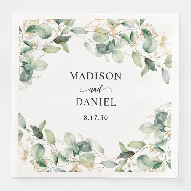 Eucalyptus Gold Leaves Wedding Napkin (Front)