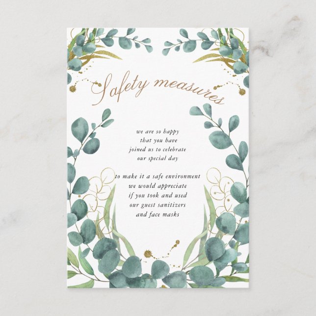 eucalyptus  gold leaves wedding safety measures  enclosure card (Front)
