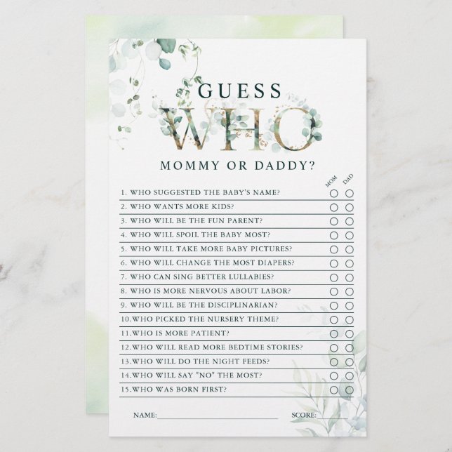 Eucalyptus Gold Letter Mum or Dad Baby Shower Game (Front/Back)
