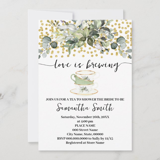Eucalyptus Gold Love is Brewing Tea Bridal Shower Holiday Card (Front)