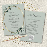 Eucalyptus Gold Metallic Sage All in One Wedding Invitation<br><div class="desc">Eucalyptus Gold Sage All in One Wedding Invitation... Our "All in One" luxe botanical wedding invitation features a gold metallic oval frame embellished with emerald-hued eucalyptus leaves over a light sage green background. The light sage back of the card contains all of the details you would typically see on separate...</div>