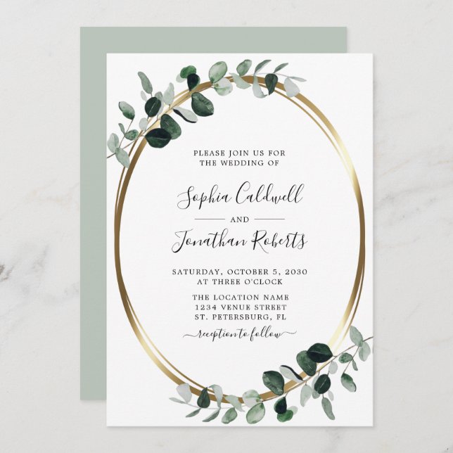 Eucalyptus Gold Metallic Sage Elegant Wedding Invitation (Front/Back)