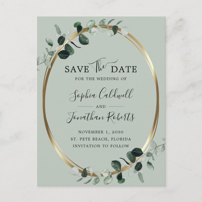 Eucalyptus Gold Metallic Sage Save the Date Announcement Postcard (Front)
