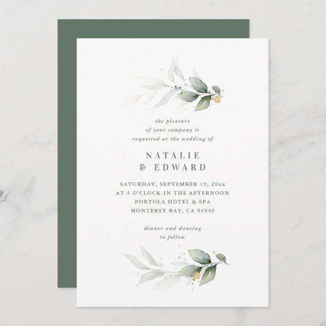 Eucalyptus gold modern minimal elegant wedding (Front/Back)