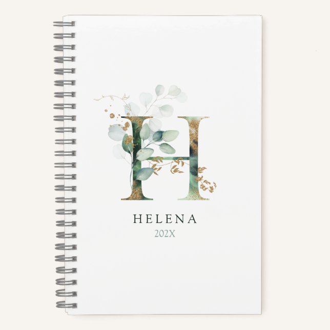 Eucalyptus Gold Monogram Initial H Floral Greenery Notebook (Front)