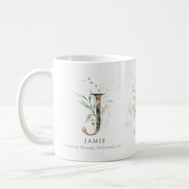 Eucalyptus Gold Monogram Initial J Greenery Chic Coffee Mug (Left)