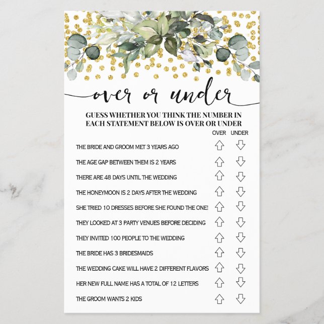 Eucalyptus Gold Over or Under Shower Game Card (Front)