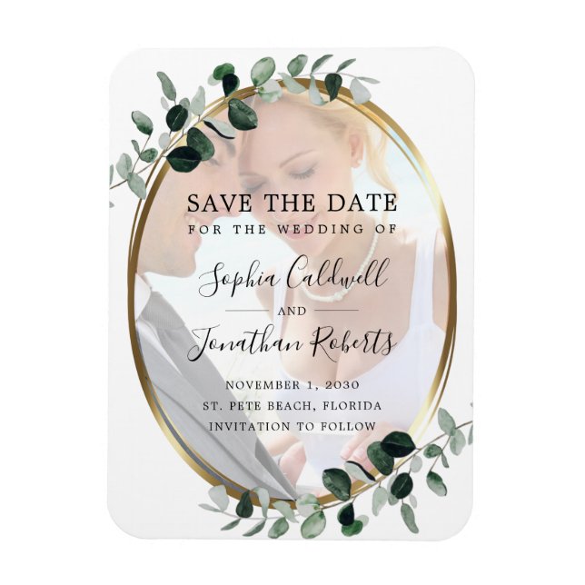 Eucalyptus Gold Photo Wedding Save the Date Magnet (Vertical)