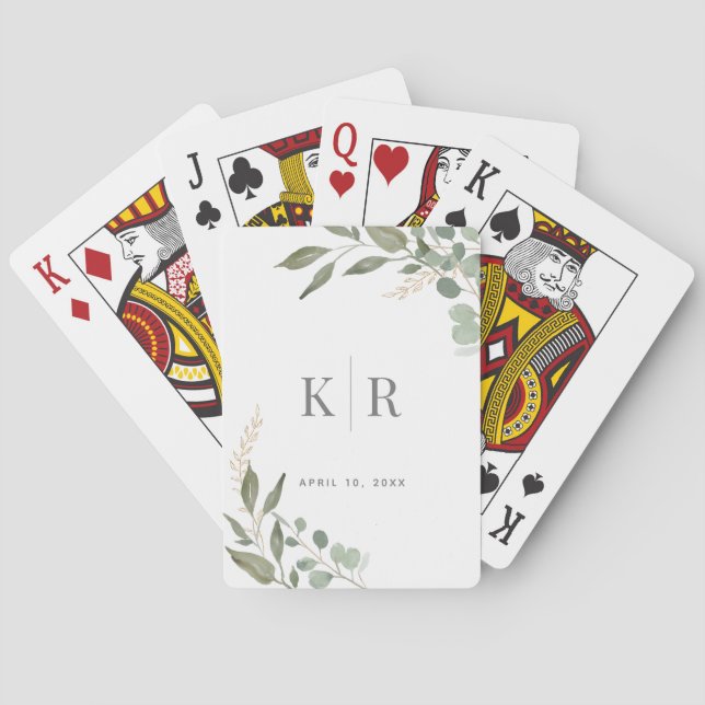 Eucalyptus Gold Sage Green Monogram Wedding Playing Cards (Back)