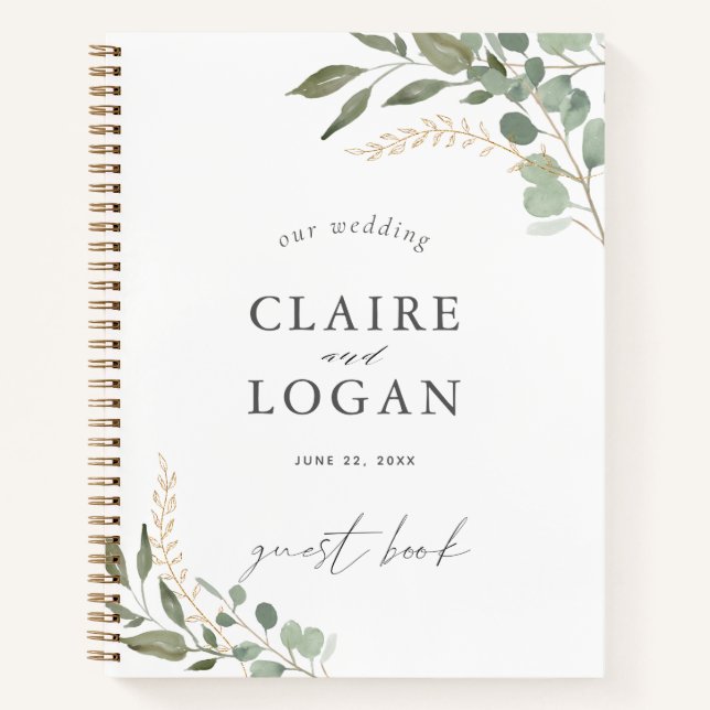 Eucalyptus Gold Sage Green Wedding Guest Book (Front)