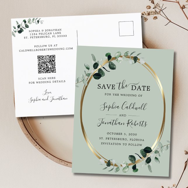 Eucalyptus Gold Sage QR Code Save the Date Announcement Postcard (Updated Eucalyptus Gold Sage Save the Date Announcement Postcard)