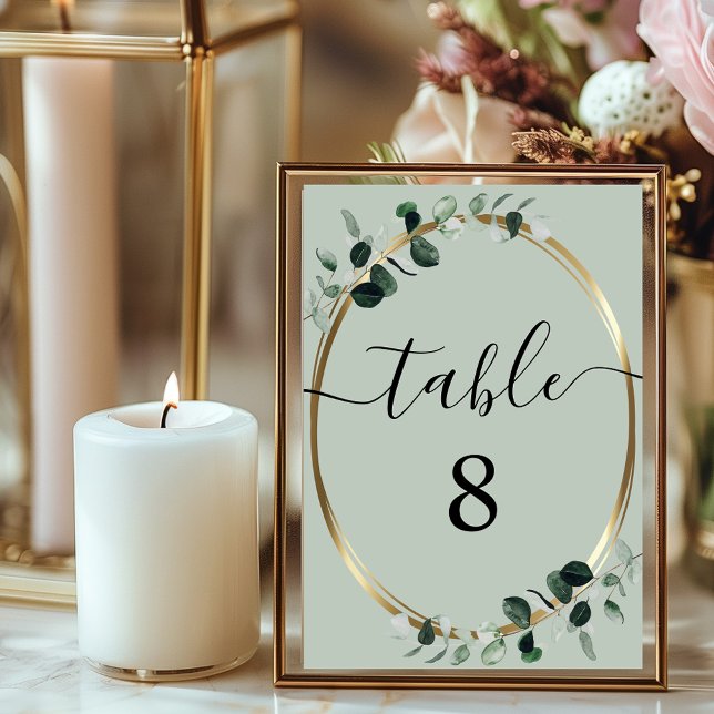 Eucalyptus Gold Sage Romantic Calligraphy Wedding Table Number (Creator Uploaded)