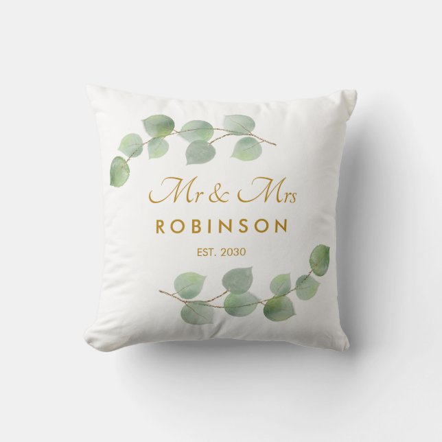 Eucalyptus Gold Script Mr and Mrs Wedding Gift Cushion (Front)