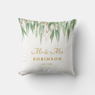 Eucalyptus Gold Script Mr and Mrs Wedding Gift Thr Cushion