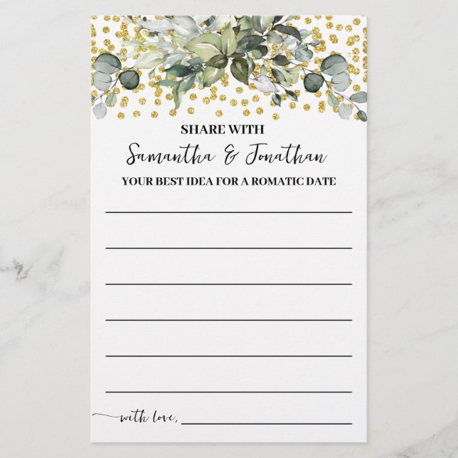 Eucalyptus Gold Share a Date Idea Shower Game Card (Front)