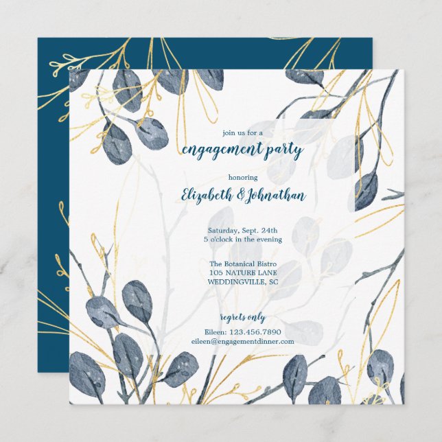 Eucalyptus Gold Watercolor Garden Engagement Party Invitation (Front/Back)