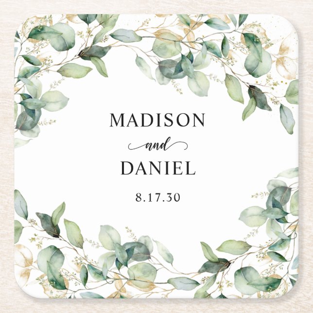 Eucalyptus Gold Watercolor Wedding Square Paper Coaster (Front)