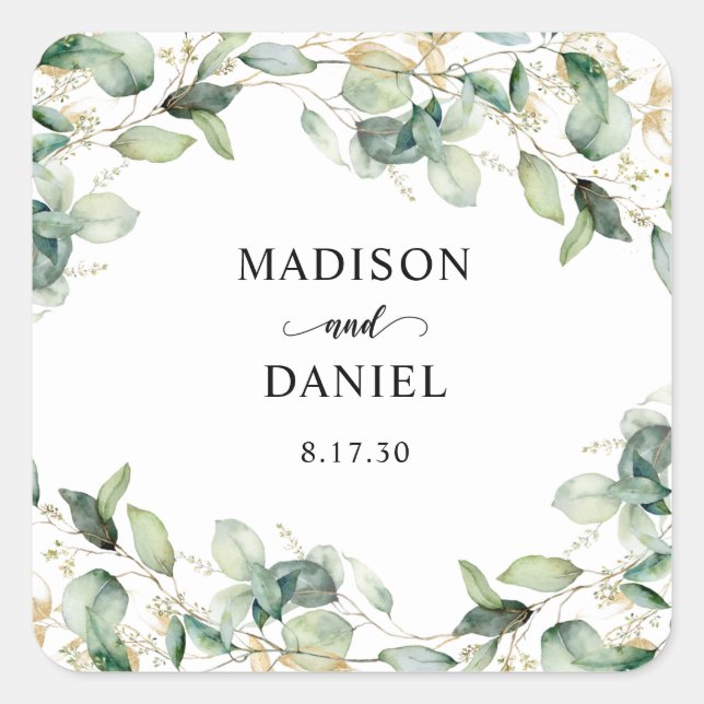 Eucalyptus Gold Watercolor Wedding  Square Sticker (Front)