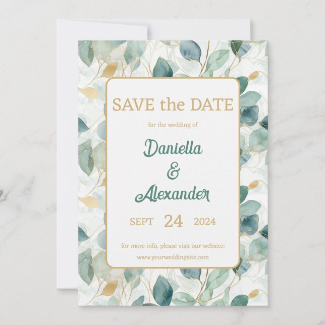 Eucalyptus Gold Watercolour Sage Green Floral Save The Date (Front)