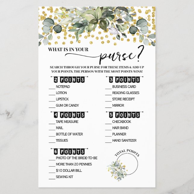 Eucalyptus Gold What is in Purse Shower Game Card (Front)