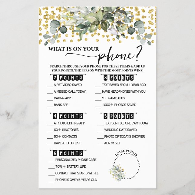 Eucalyptus Gold What is on Phone Shower Game Card (Front)