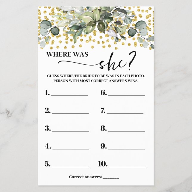 Eucalyptus Gold Where was Bride Shower Game card (Front)