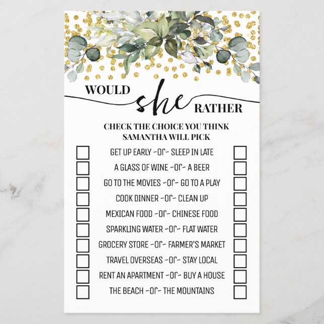 Eucalyptus Gold Would She Rather Shower Game Flyer (Front)