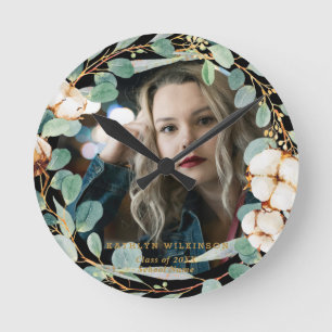Eucalyptus Gold Wreath Custom Photo Graduation Round Clock