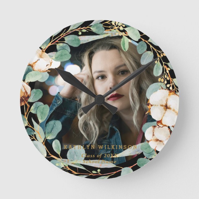 Eucalyptus Gold Wreath Custom Photo Graduation Round Clock (Front)