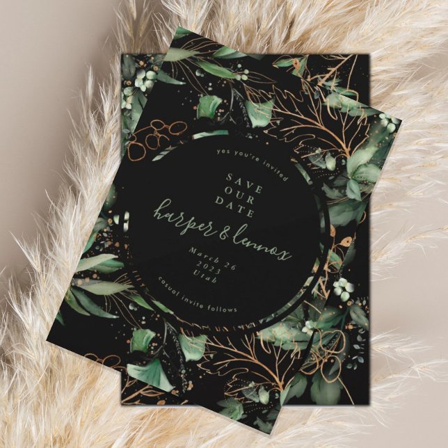 Eucalyptus Golden Boho Elegant Onyx Pampas Black Save The Date (Creator Uploaded)