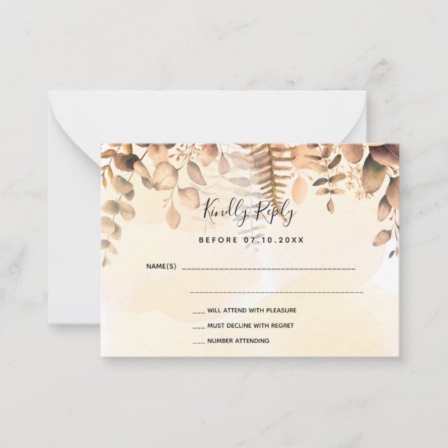 Eucalyptus golden fall wedding RSVP Note Card (Front)
