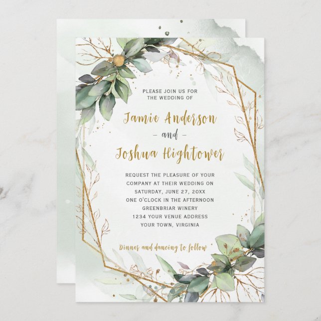 Eucalyptus Golden Greenery Wedding Invitation (Front/Back)