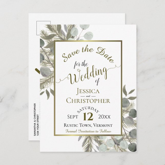 Eucalyptus & Golden Pine Wedding Save the Date Announcement Postcard (Front/Back)