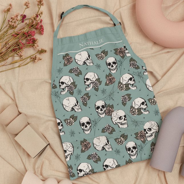 Eucalyptus Gothic Skulls and Roses Custom Name Apron (Custom Feminine Skulls and Roses, Hand-drawn in Black Ink, against a Eucalyptus Background.)