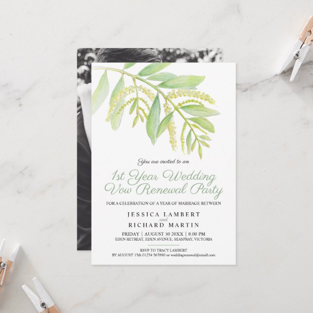 Eucalyptus green 1st wedding vow renewal party invitation (Front/Back In Situ)