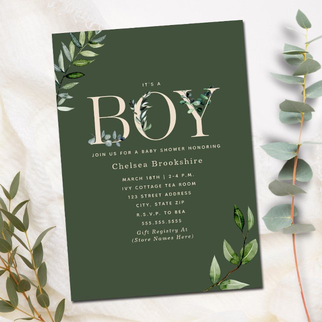 Eucalyptus Green Beige Boy Baby Shower Invitation (Creator Uploaded)